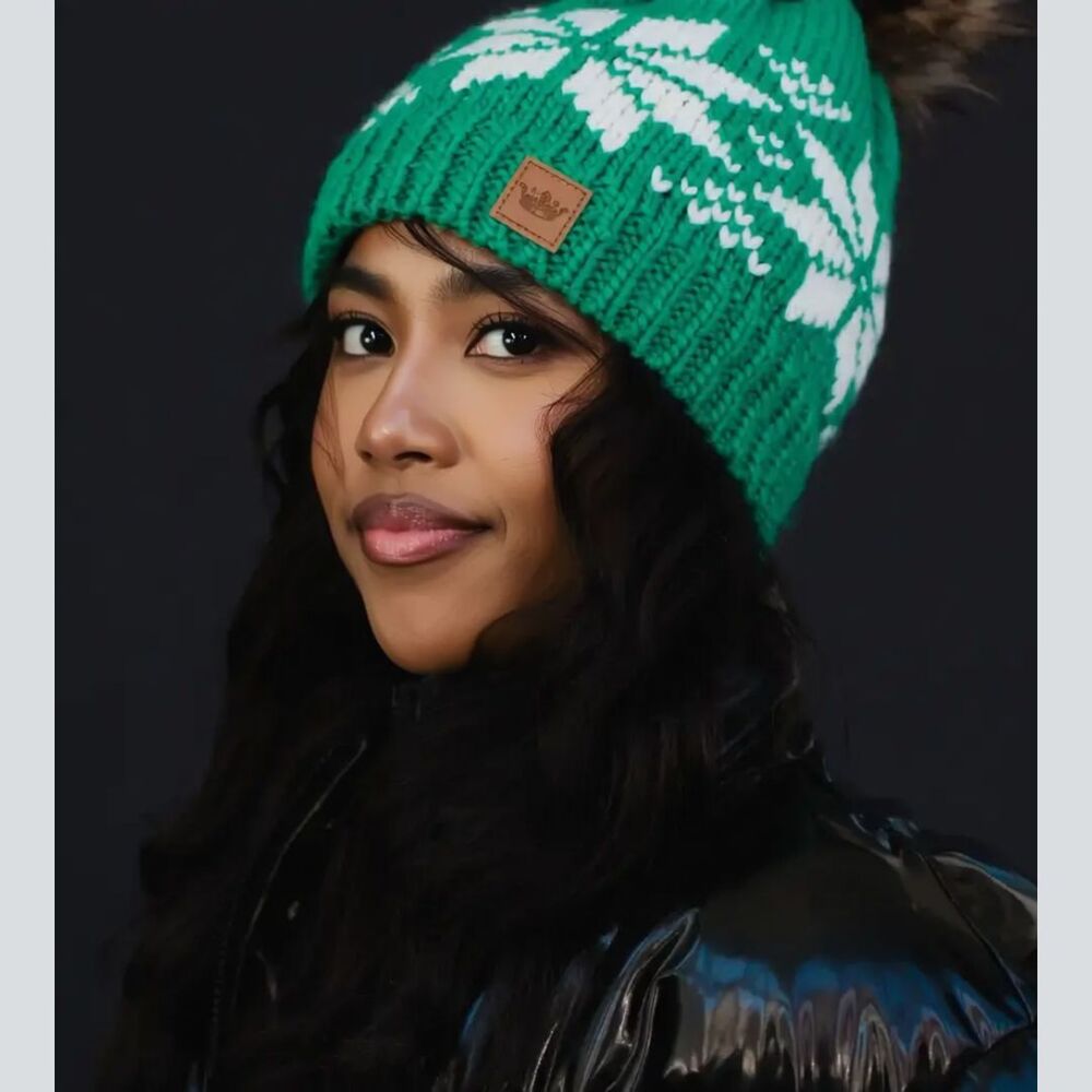 PANACHE Green & White Snowflake Pom Pom Beanie Hats